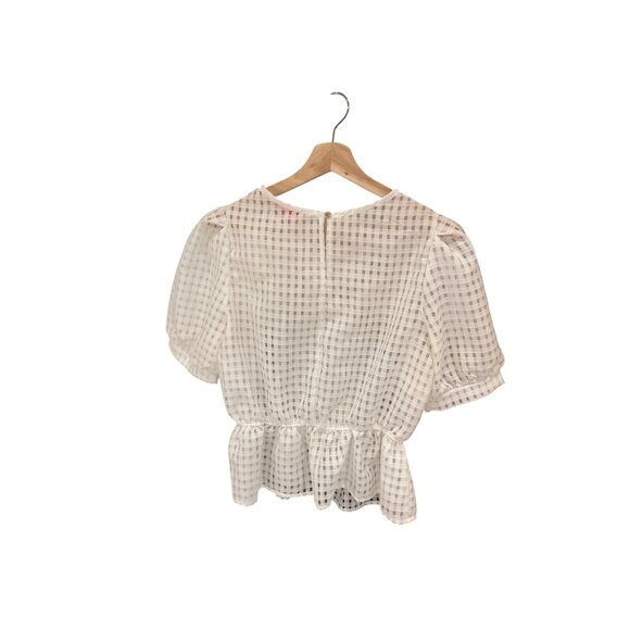 Mele e Pere White Gingham Sheer Peplum Blouse – Women’s Medium Puff Sleeve Top - Picture 2 of 6